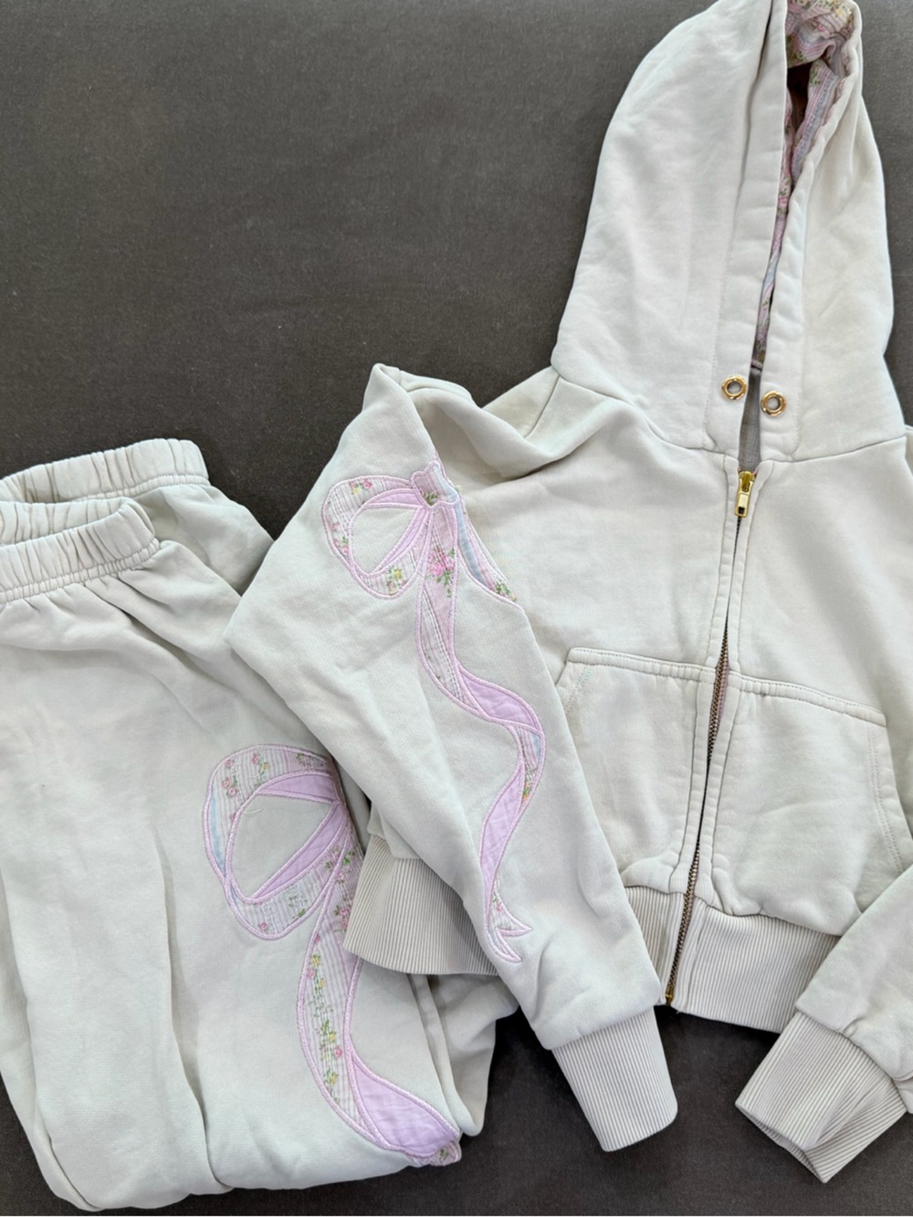 Katie J NYC Light Gray Sweatpants & Hoodie with Pink Ribbon Embroidery